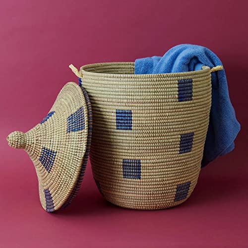 Senegal Extra Large Hand Woven Blue Beige Geometric Grass Basket with Hooded Lid