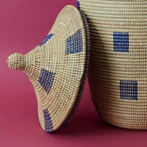 Senegal Extra Large Hand Woven Blue Beige Geometric Grass Basket with Hooded Lid