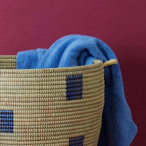 Senegal Extra Large Hand Woven Blue Beige Geometric Grass Basket with Hooded Lid