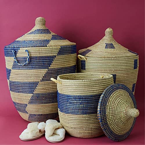 Senegal Extra Large Hand Woven Blue Beige Geometric Grass Basket with Hooded Lid