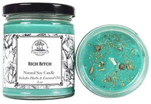 rich b*tch 9 oz soy candle with pyrite crystals | handmade with herbs & essential oils | riches, wealth, money drawing & prosperity rituals | wiccan pagan conjure manifestation hoodoo