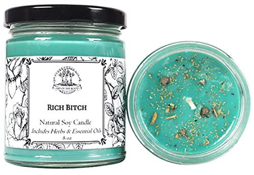 Rich B*tch 9 oz Soy Candle with Pyrite Crystals | Handmade with Herbs & Essential Oils | Riches, Wealth, Money Drawing & Prosperity Rituals | Wiccan Pagan Conjure Manifestation Hoodoo