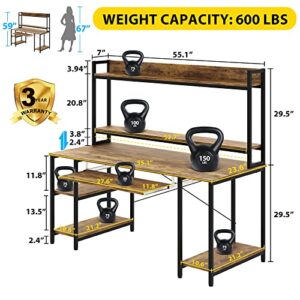 55 INCH Computer Desk with Keyboard Tray, Industrial Desk with Hutch Storage Shelves Gaming Desk with Monitor Shelf CPU Stand Study Writing Desk for Home Office, Easy to Assemble, Rustic Brown