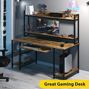 55 INCH Computer Desk with Keyboard Tray, Industrial Desk with Hutch Storage Shelves Gaming Desk with Monitor Shelf CPU Stand Study Writing Desk for Home Office, Easy to Assemble, Rustic Brown