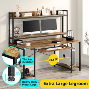 55 INCH Computer Desk with Keyboard Tray, Industrial Desk with Hutch Storage Shelves Gaming Desk with Monitor Shelf CPU Stand Study Writing Desk for Home Office, Easy to Assemble, Rustic Brown