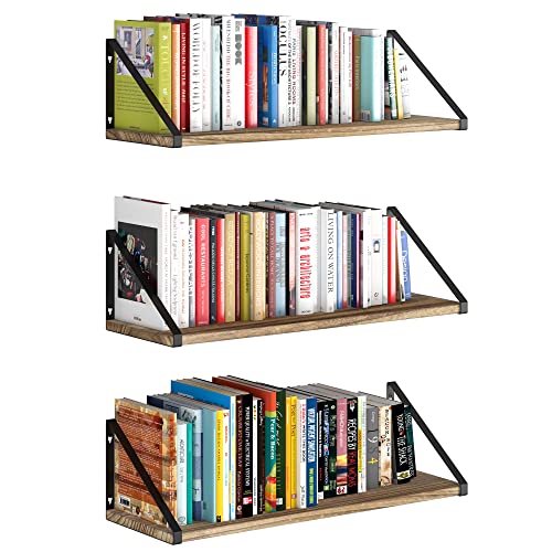 Wallniture Ponza Wood Floating Shelves for Wall Storage, 24" Rustic Wall Shelves for Living Room, Kitchen, Bedroom, Bathroom Decor, Burnt Finish Wall Shelf Set of 3