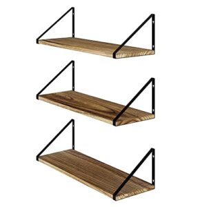 Wallniture Ponza Wood Floating Shelves for Wall Storage, 24" Rustic Wall Shelves for Living Room, Kitchen, Bedroom, Bathroom Decor, Burnt Finish Wall Shelf Set of 3