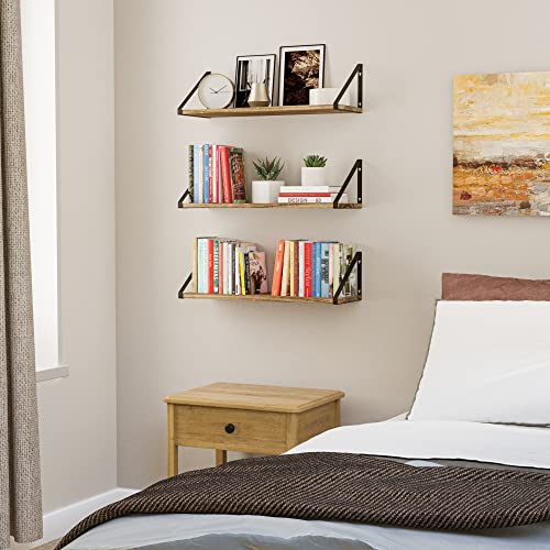 Wallniture Ponza Wood Floating Shelves for Wall Storage, 24" Rustic Wall Shelves for Living Room, Kitchen, Bedroom, Bathroom Decor, Burnt Finish Wall Shelf Set of 3