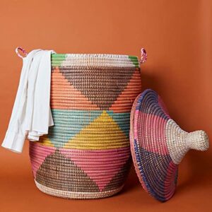 Senegal Jumbo Hand Woven Grass Colorful Triangle Basket with Hooded Lid