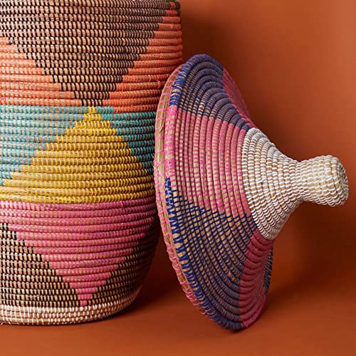 Senegal Jumbo Hand Woven Grass Colorful Triangle Basket with Hooded Lid