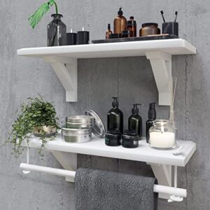 iron wood white floating shelves set of 2 with towel bar – wall mounted floating bathroom shelves over toilet -for kitchen living room – bookshelf –