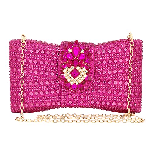 Chaliwini Hot Pink Purse Bow Flower Evening Bag Rhinestone Clutch Party Handbags For Women(Fuchsia)