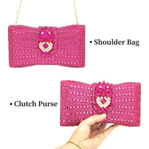 Chaliwini Hot Pink Purse Bow Flower Evening Bag Rhinestone Clutch Party Handbags For Women(Fuchsia)