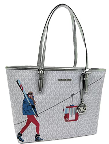 Michael Kors MK Jet Set Girls JST Medium Signature Carry all Tote Logo Bag (Bright White multi)