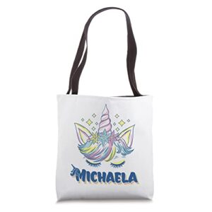 michaela personalized custom name rainbow unicorn crown tote bag