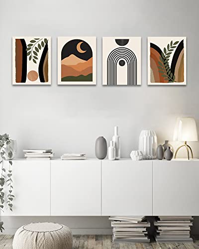 Boho Wall Art , Minimalist Wall Art , Boho Room Decor, Mid Century Modern Framed Canvas Wall Art, Abstract Boho Wall Decor, Bohemian Moon Phases Wall Painting For Living Room Bedroom Kitchen Office Home Decor Set of 4, 8x10in (Framed)