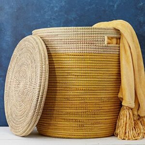 senegal extra large hand woven grass yellow beige color block basket with flat lid