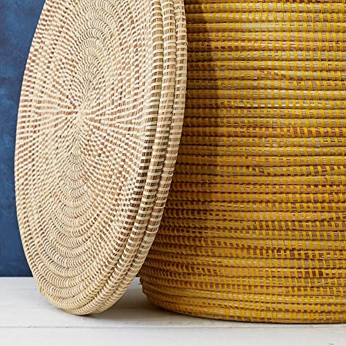 Senegal Extra Large Hand Woven Grass Yellow Beige Color Block Basket with Flat Lid