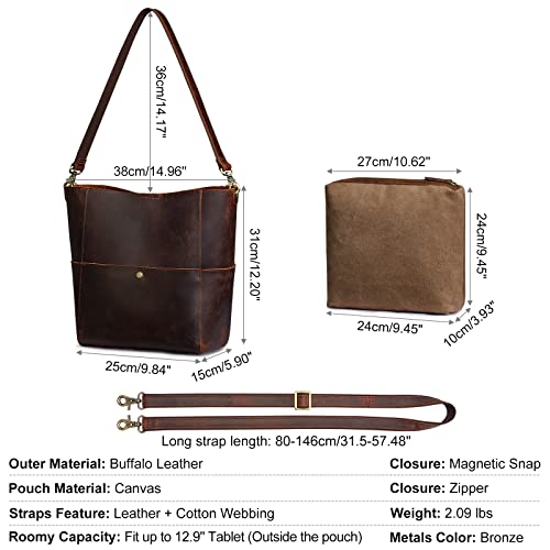 S-ZONE Women Genuine Leather Bucket Bag Hobo Shoulder Handbag Crossbody Purses Vintage Tote Pocketbooks