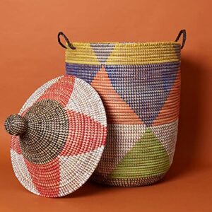 Senegal Extra Large Hand Woven Grass Colorful Triangle Basket with Hooded Lid