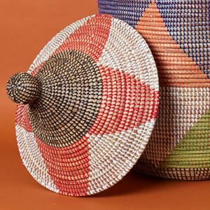 Senegal Extra Large Hand Woven Grass Colorful Triangle Basket with Hooded Lid