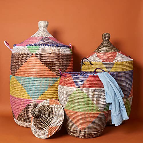 Senegal Extra Large Hand Woven Grass Colorful Triangle Basket with Hooded Lid