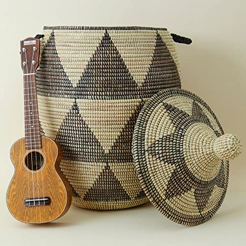 Senegal Jumbo Hand Woven Black Triangle Grass Basket with Hooded Lid