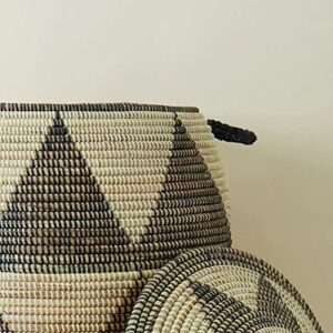 Senegal Jumbo Hand Woven Black Triangle Grass Basket with Hooded Lid