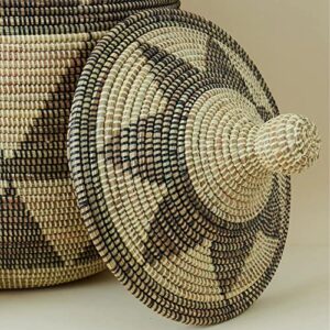 Senegal Jumbo Hand Woven Black Triangle Grass Basket with Hooded Lid