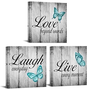 conipit 3 pieces butterfly wall art canvas teal and grey paintings picture live love laugh quotes artwork for bathroom living room office wall decor ready to hang 12″ l x 12″ w x 3pcs