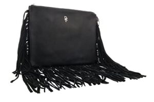 daniela fargion black leather suede fringe pouch clutch for womens