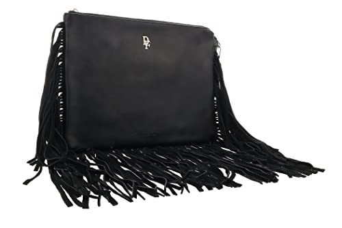 Daniela Fargion Black Leather Suede Fringe Pouch Clutch for womens