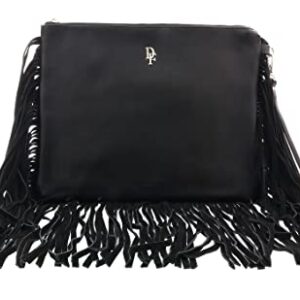 Daniela Fargion Black Leather Suede Fringe Pouch Clutch for womens