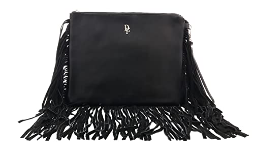 Daniela Fargion Black Leather Suede Fringe Pouch Clutch for womens