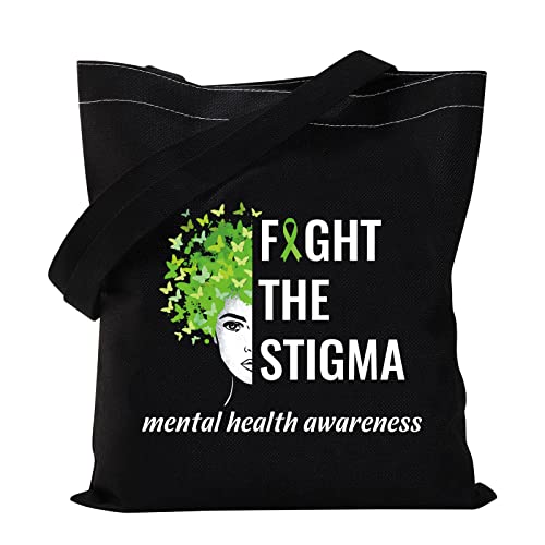 VAMSII Fight the Stigma Mental Health Awareness Tote Bag Green Awareness Ribbon Gift Bags Suicide Prevention Gifts (Tote Bag)