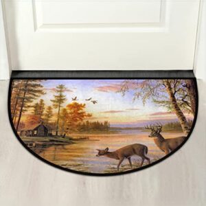 Pardick Forest Sunset Animal Deer Half Round Door mat Non-Slip Soft Half Circle Area Rug Washable Durable Decor Half Moon Hearth Rugs for Floor Indoor Living Room Bedroom Kitchen Fireplace Rug