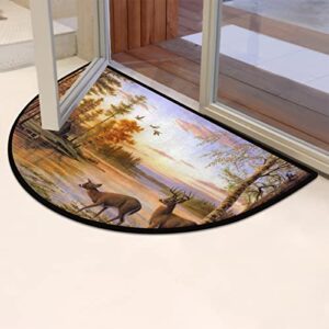 Pardick Forest Sunset Animal Deer Half Round Door mat Non-Slip Soft Half Circle Area Rug Washable Durable Decor Half Moon Hearth Rugs for Floor Indoor Living Room Bedroom Kitchen Fireplace Rug