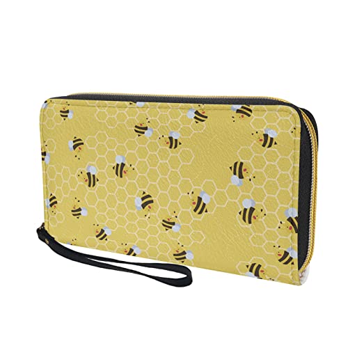 Coldinair Cute Honey Bee Print Zip Around Wallet for Women Cell Phone Holder Clutch Travel Purse with Wristlet