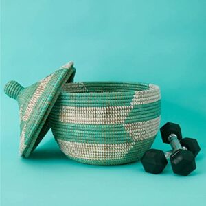 colorful baskets from senegal (medium blue and white basket with hood)