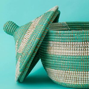 Colorful Baskets from Senegal (Medium Blue and White Basket with Hood)