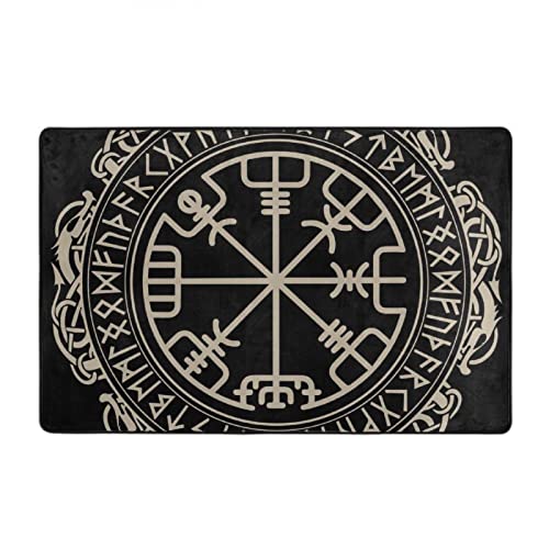 Fashion Soft Cozy Area Rug Indoor Thick Throw Rugs Carpets Floor Mats (Black Celtic Viking Design Magical Runic Compass Vegvisir in The Circle of Norse Runes and Dragons Tattoo Decorative)