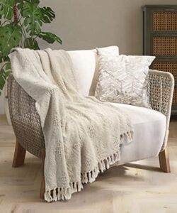 maxpeuvon beige throw blanket boho soft cozy knit blanket with tassel, solid decorative blankets and throws, decor blanket for bed, travel blanket, sofa, 50″×60″