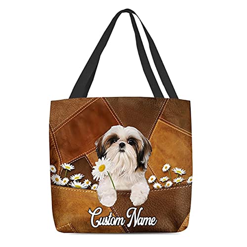 NAZENTI Personalized Dog Tote Bag- Shih Tzu Holding Daisy All Over Printed Tote Bag - Customized Dog Mom Name- Custom Dog Gift for Women, Mother, Grandma, Dog Lover