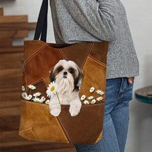 NAZENTI Personalized Dog Tote Bag- Shih Tzu Holding Daisy All Over Printed Tote Bag - Customized Dog Mom Name- Custom Dog Gift for Women, Mother, Grandma, Dog Lover