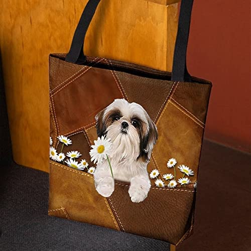 NAZENTI Personalized Dog Tote Bag- Shih Tzu Holding Daisy All Over Printed Tote Bag - Customized Dog Mom Name- Custom Dog Gift for Women, Mother, Grandma, Dog Lover