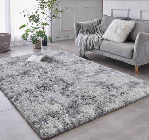 TABAYON 8 x 10 Feet Shag Area Rugs, Ultra Soft Indoor Modern Nursery Rug, Tie-Dyed Light Grey Plush Shaggy Throw Carpets for Boy and Girls Room Dorm Living Room