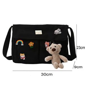 Canvas Crossbody Bag with Kawaii Pins and Pendent,Casual Shoulder Messenger Bag Students Schoolbag for Girls Women