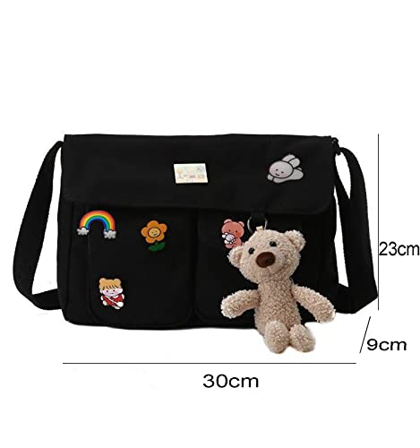 Canvas Crossbody Bag with Kawaii Pins and Pendent,Casual Shoulder Messenger Bag Students Schoolbag for Girls Women