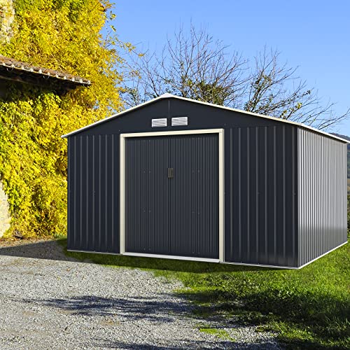 Goplus Storage Shed, Metal 11’ X 10’ Outdoor Building Organizer with 4 Vents & Double Sliding Door for Garden Backyard Farm (11'X10')