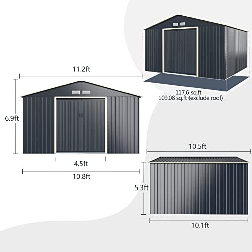 Goplus Storage Shed, Metal 11’ X 10’ Outdoor Building Organizer with 4 Vents & Double Sliding Door for Garden Backyard Farm (11'X10')